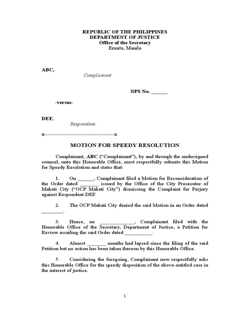 Motion for Speedy Case Resolution | PDF | Law