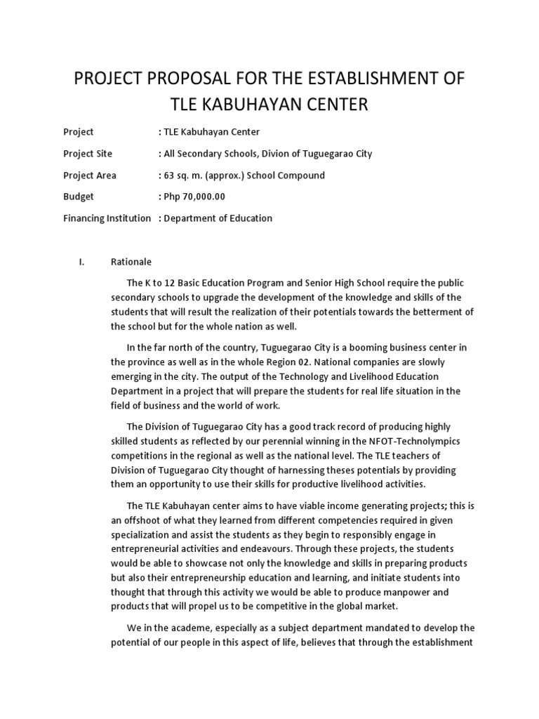 TLE Kabuhayan Center Project Proposal | PDF | Entrepreneurship | Prices