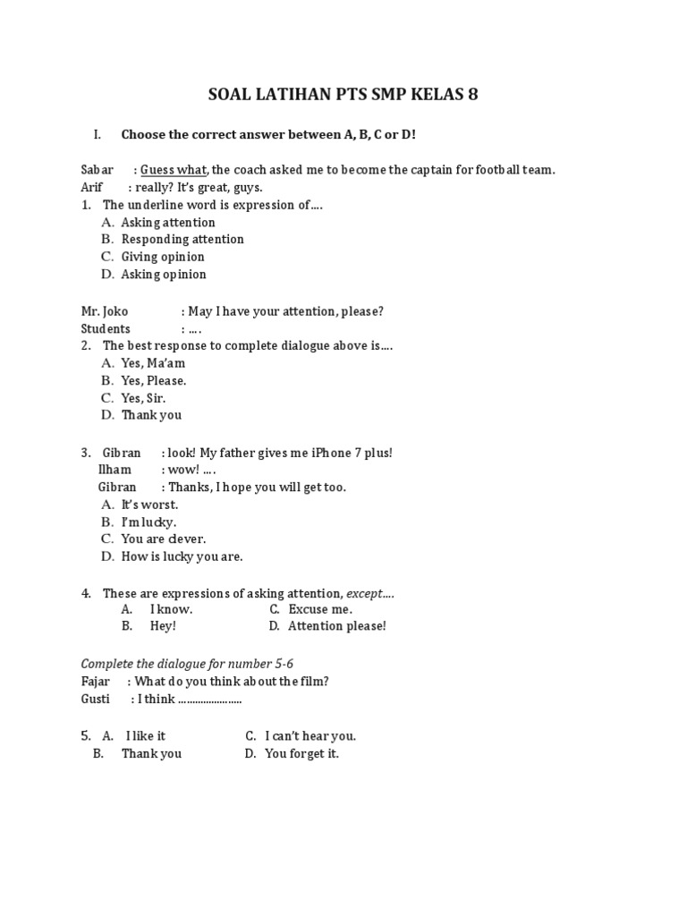 Soal Latihan Pts Smp Kelas 8
