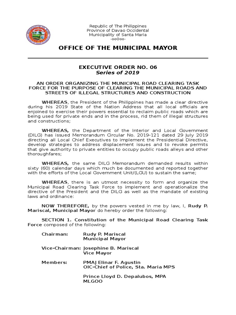 Executive Order Road Clearing President Of The Philippines Politics