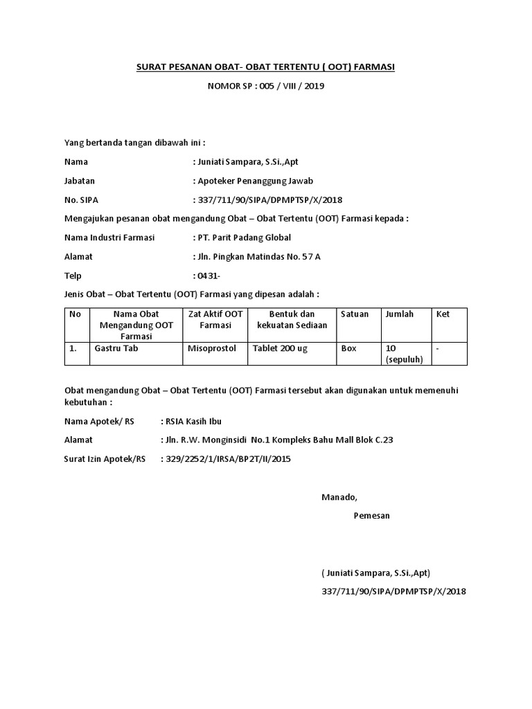 Surat pesanan oot SURAT PESANAN OBAT MENGANDUNG PREKURSOR FARMASI.