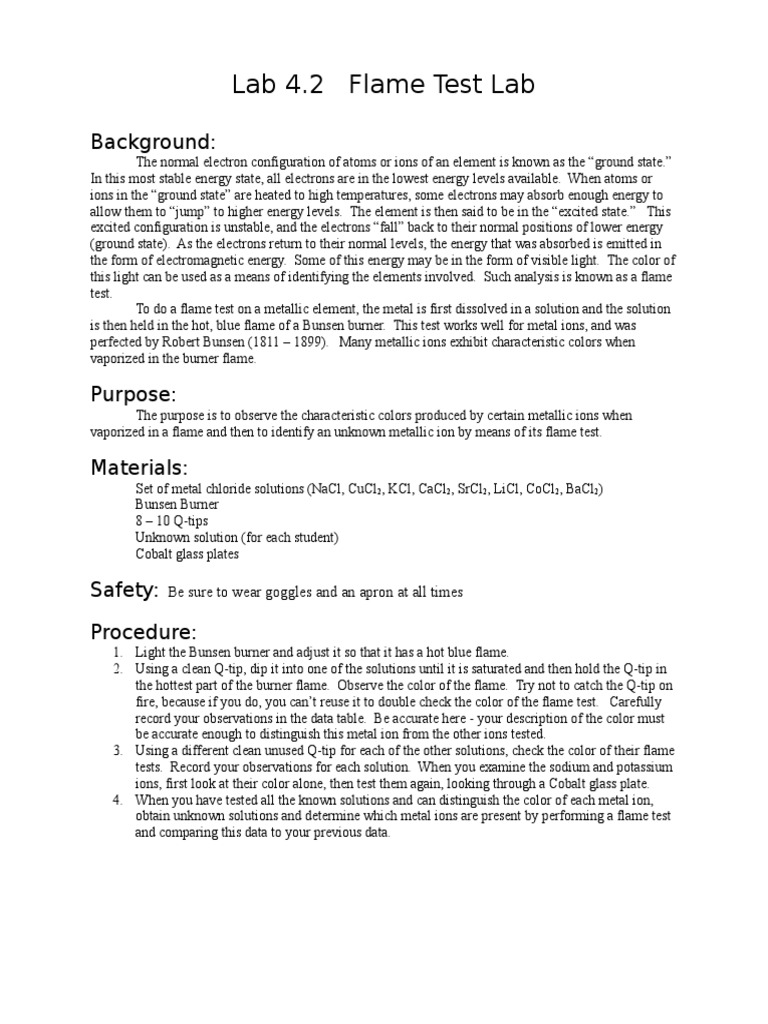 Lab 4.2 Flame Test Lab Background PDF Energy Level Sodium