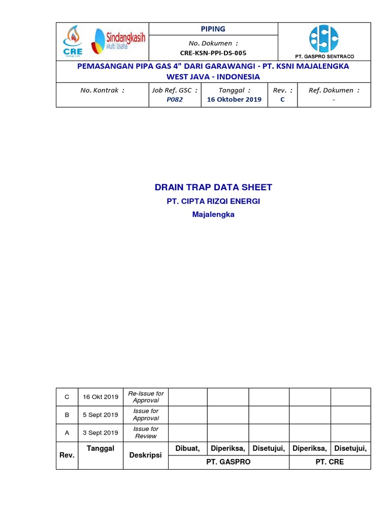 Data Sheet Drain Trap Gas Pipa | PDF | Teknologi & Rekayasa