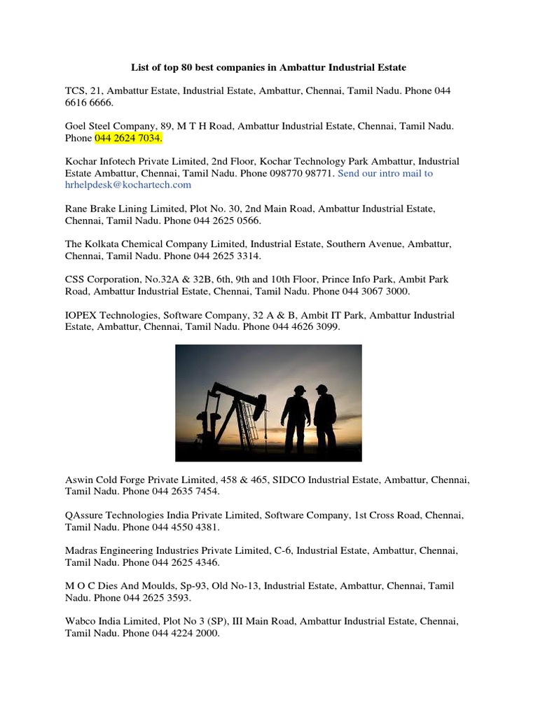 List of Top 80 Best Companies in Ambattur Industrial Estate PDF