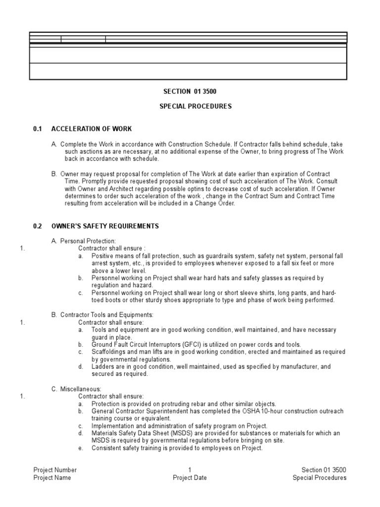 01 3500 Special Procedures | PDF | Safety | General Contractor