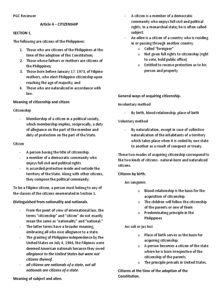 Summary of Article 4: Philippine Citizenship | PDF | Naturalization ...