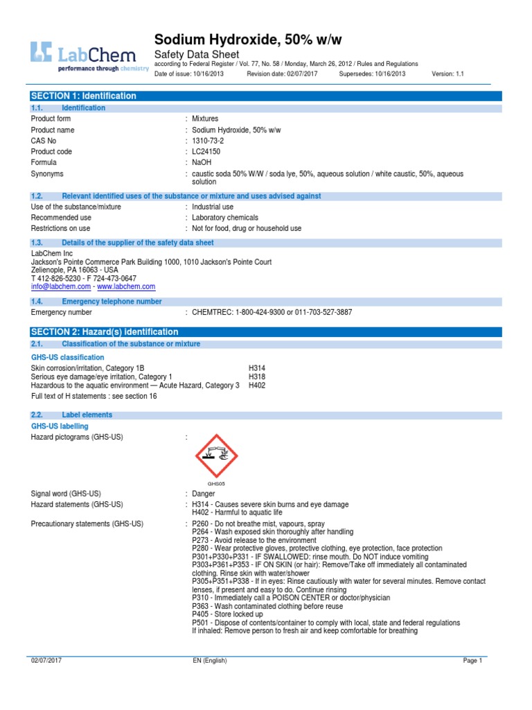 Sodium Hydroxide 50% Safety Data Sheet | PDF | Firefighting | Fires