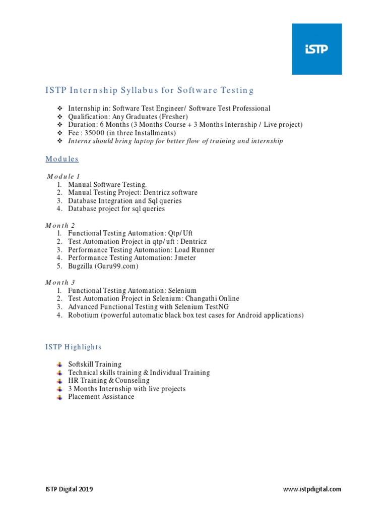 ISTP Internship Syllabus For Software Testing | PDF
