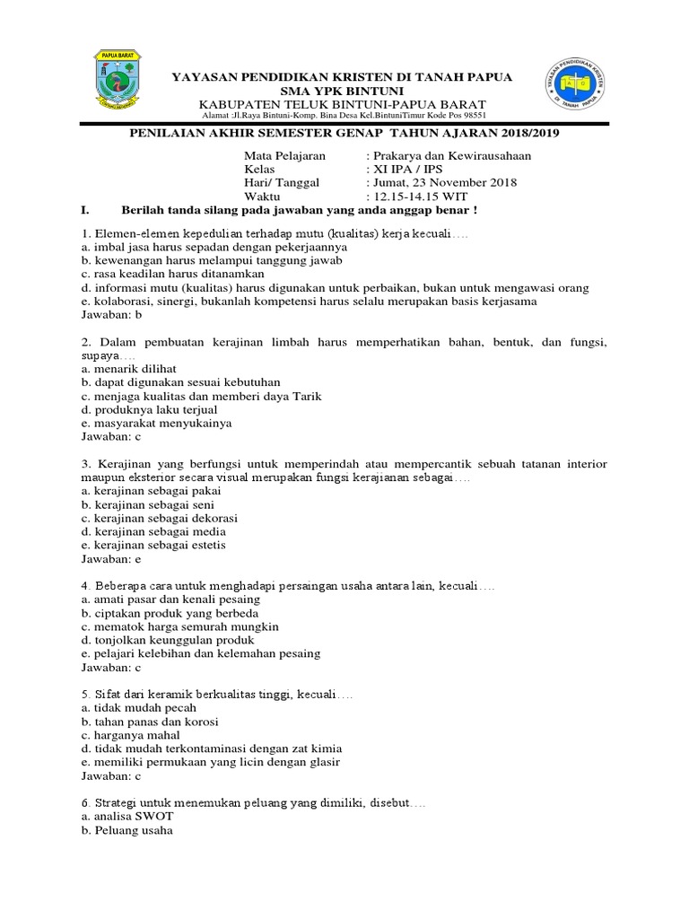 Soal Prakarya Smtr 2