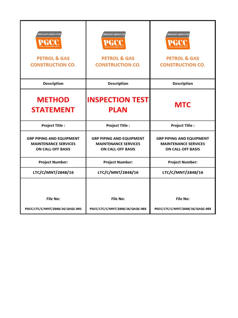 MTC Inspection Test Plan Method Statement | PDF | Technology & Engineering