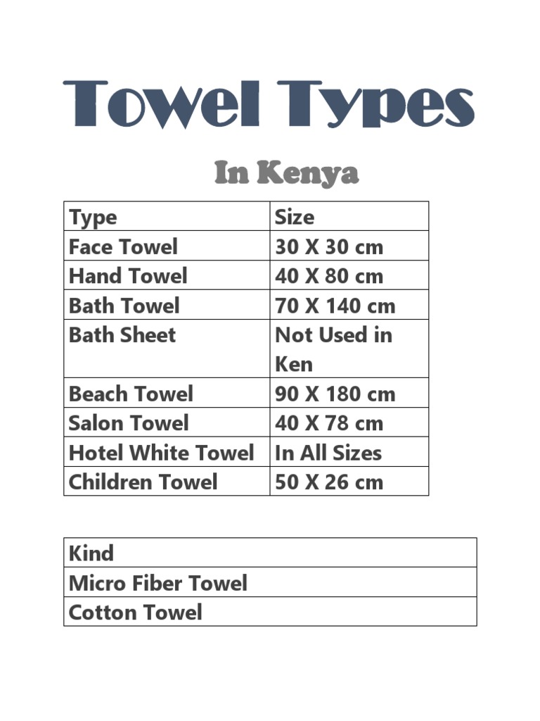 Towel Types and Sizes in Kenya | PDF | Social Science | Home & Garden