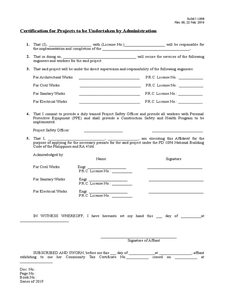 Project Certification Affidavit Template | PDF | Affidavit | Government