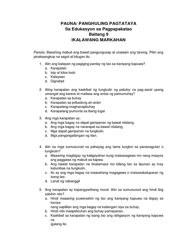 Prepost Test in Esp 9 2nd Quarter | PDF