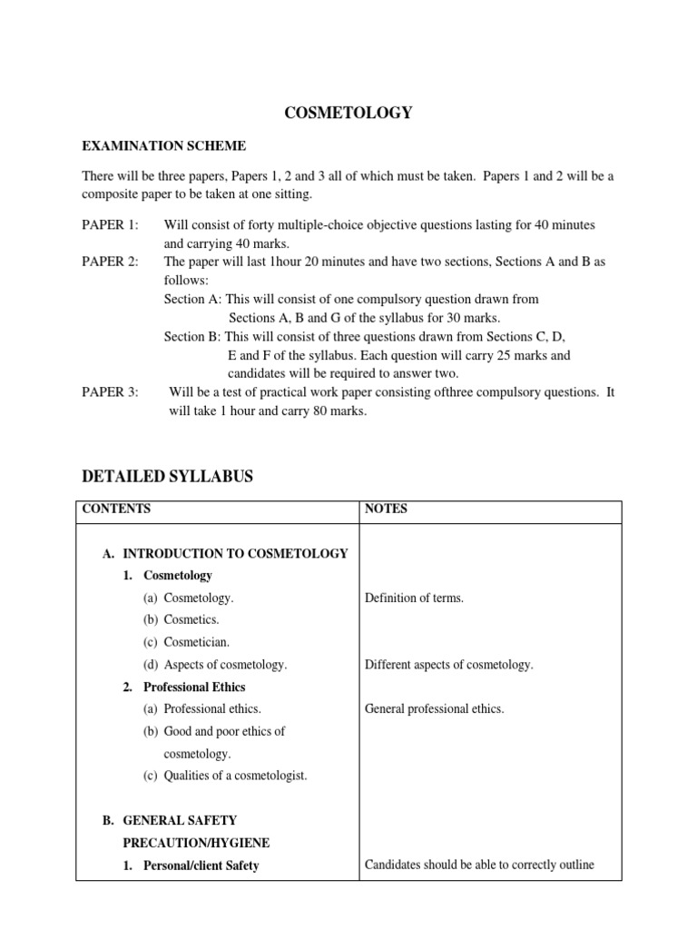 Cosmetology Examination Scheme Overview | PDF | Cosmetics | Hair Care