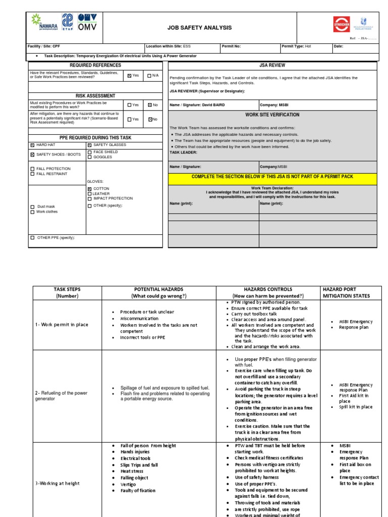 JSA for Temporary Generator Operations | PDF | Personal Protective ...