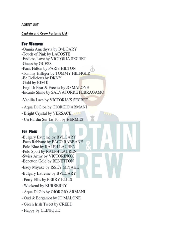 Captain and Crew Perfume List | PDF | Cooking, Food & Wine | Home & Garden