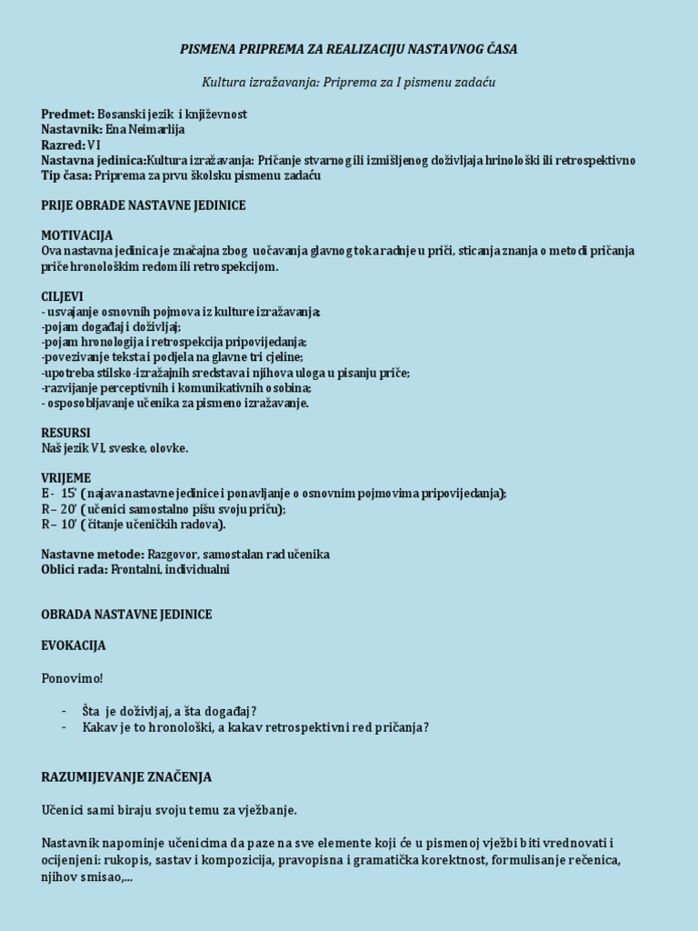 Prva Pismena Zadaća (Priprema) | PDF