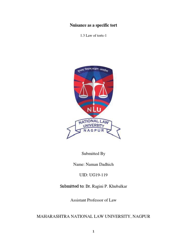 Nuisance As A Specific Tort 1.3 Law of Torts1 PDF Nuisance
