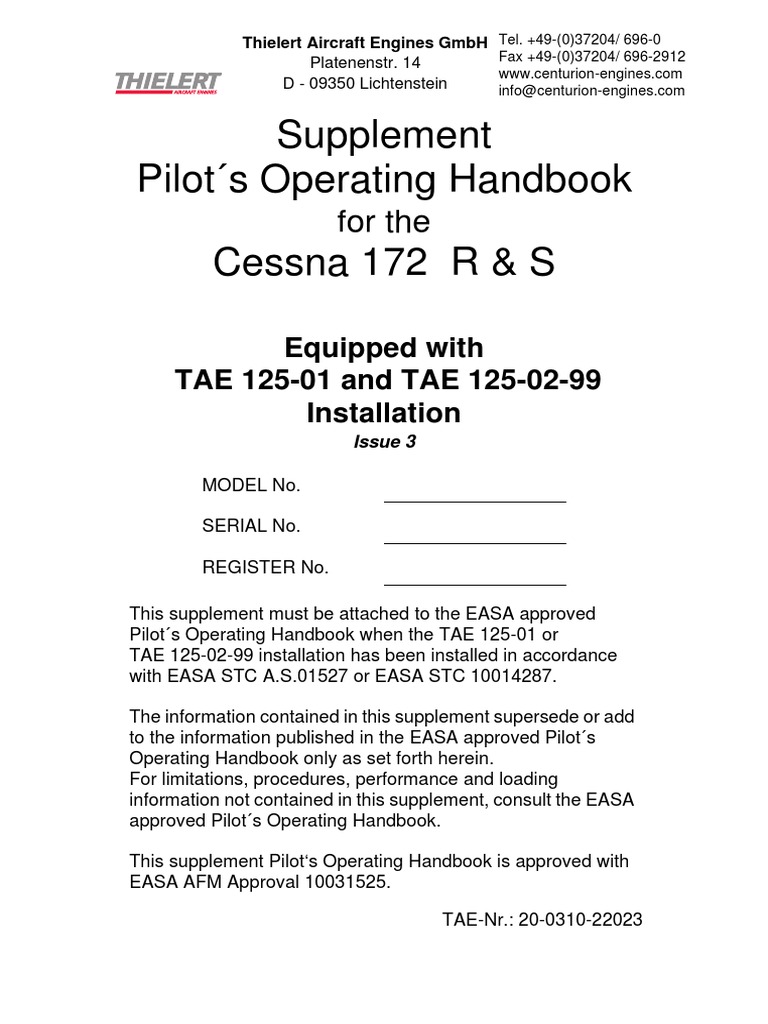 Cessna 172 R&S POH Supplement TAE 125 | PDF | Jet Fuel | Takeoff