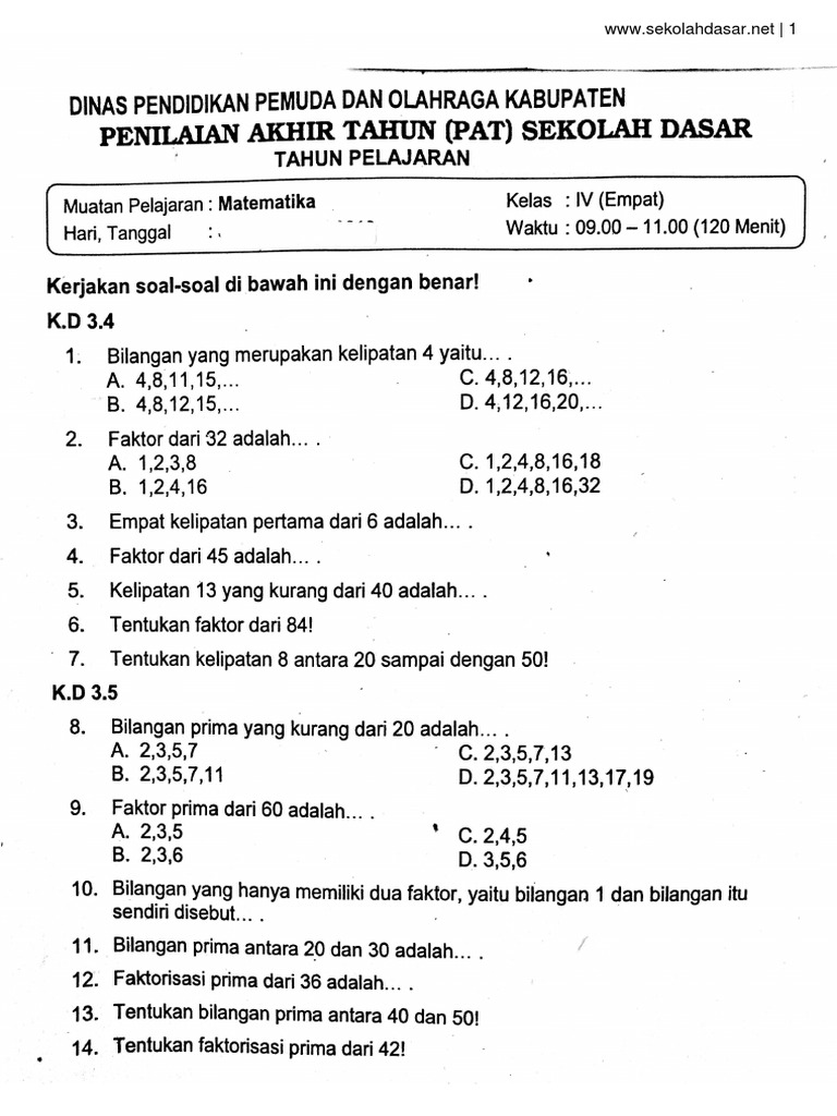 Soal Ulangan Matematika Kelas 4 Semester 2 Pdf