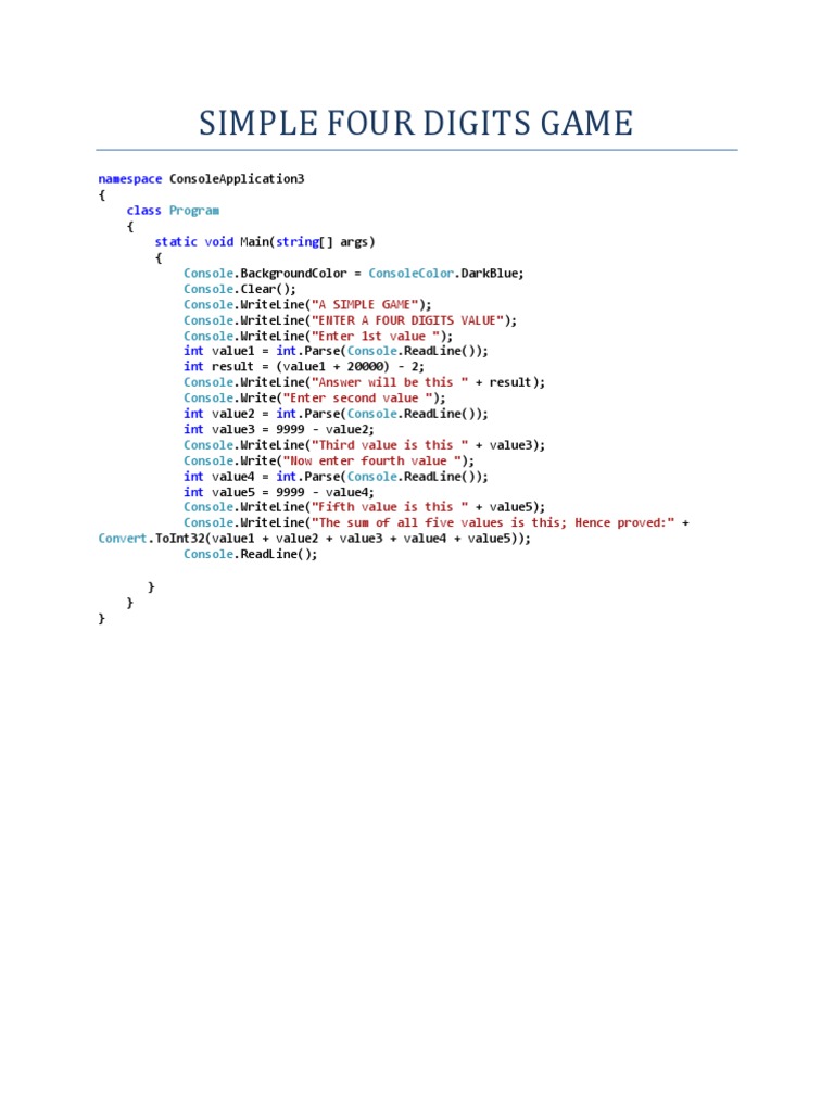Simple Four Digits Console Game | PDF