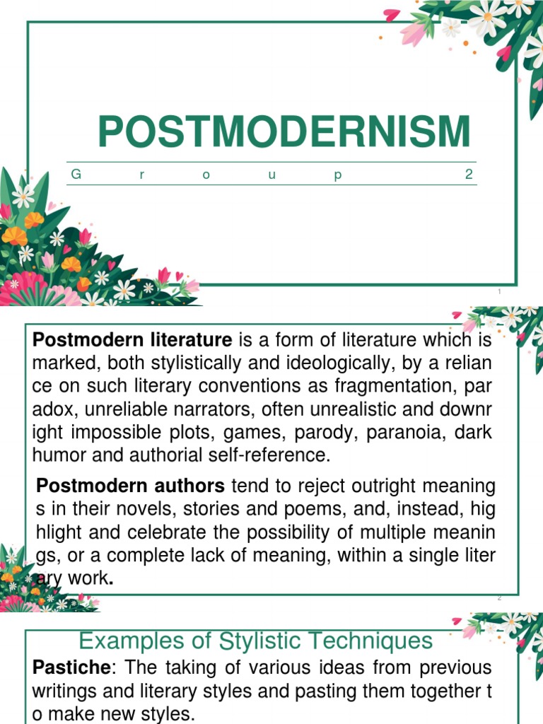 Postmodernism: G R o U P 2 | PDF | Postmodern Literature | Creative Works