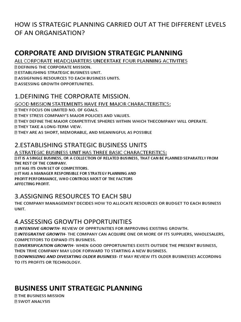 How Is Strategic Planning Carried Out at The Different Levels of An