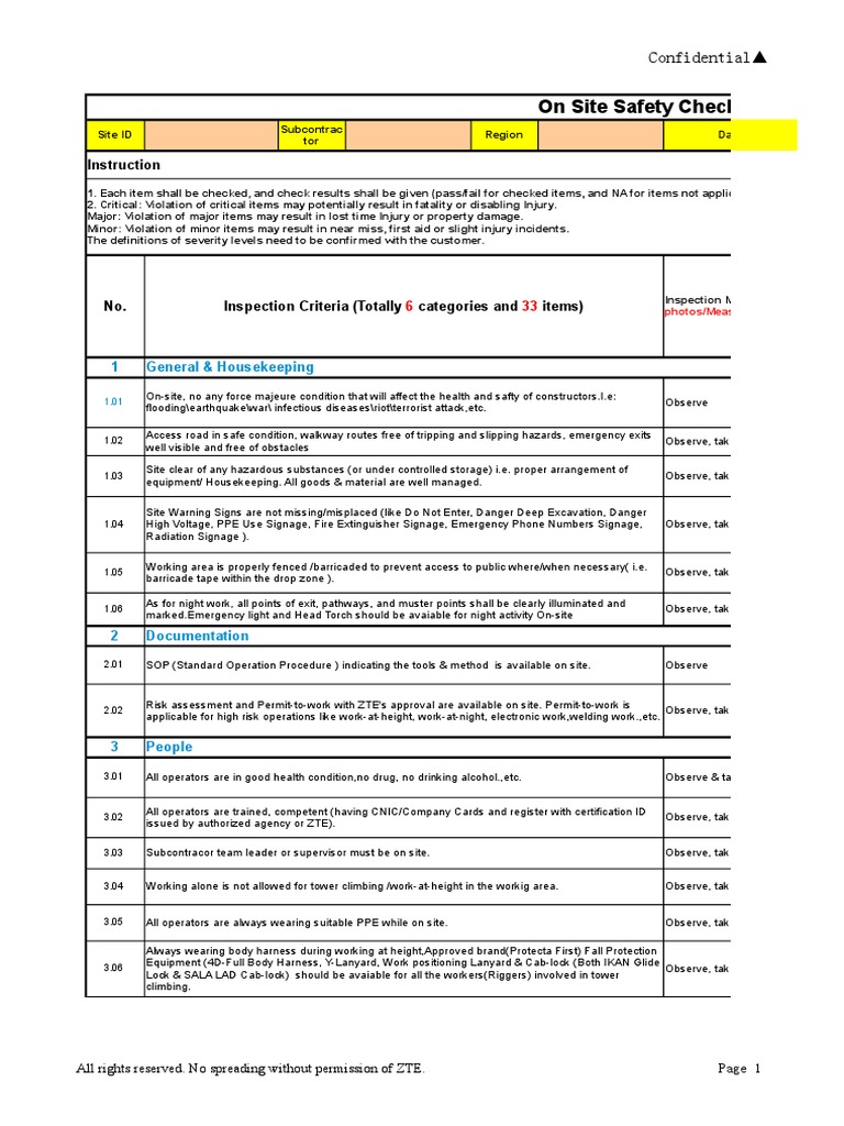 On Site Safety Checklist: Instruction | PDF | Personal Protective ...