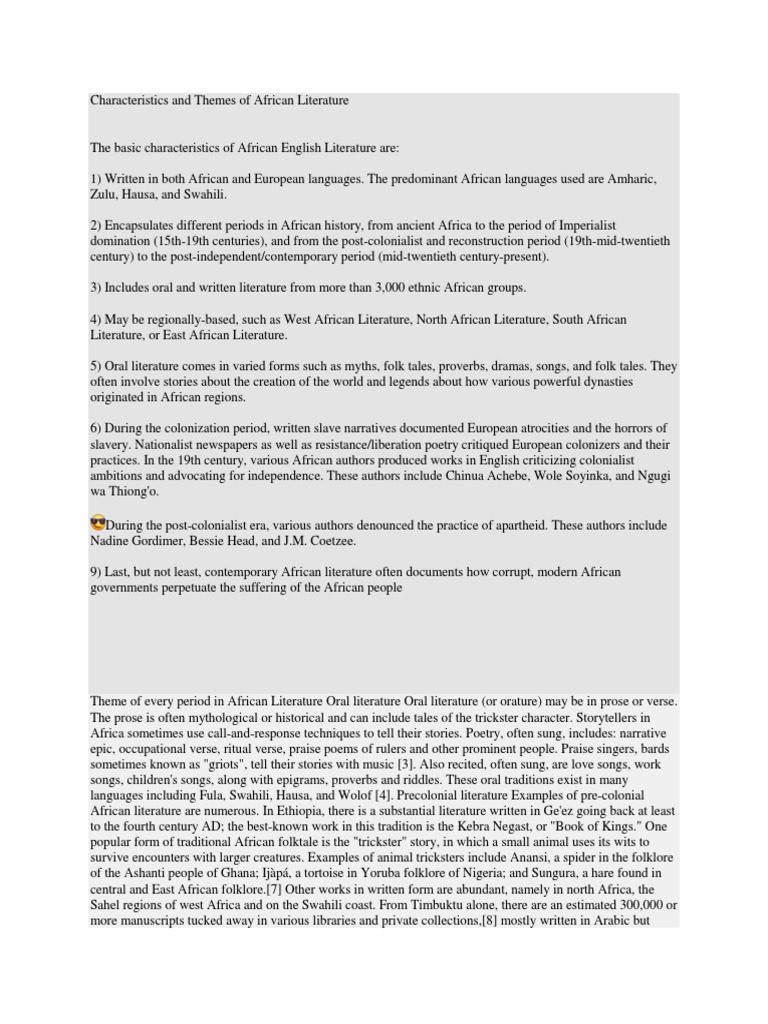 Characteristics and Themes of African Literature PDF African