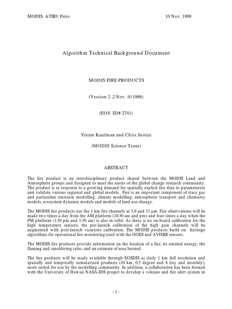 Algorithm Technical Background Document: Modis Atbd: Fires 10 Nov. 1998 ...
