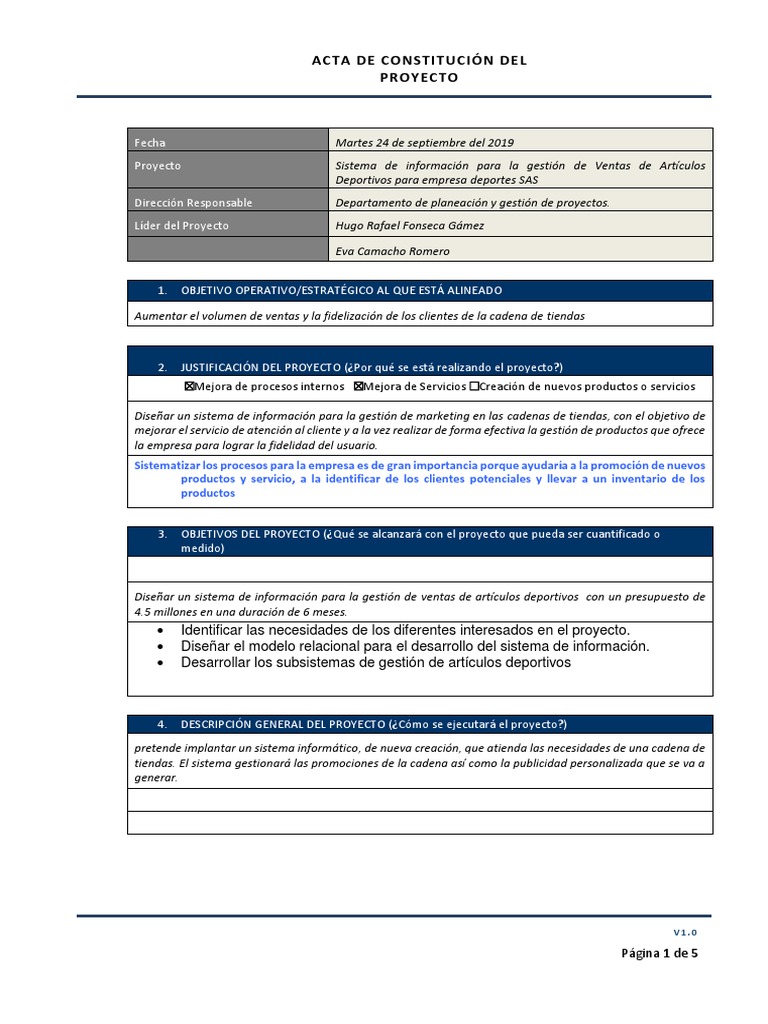 Plantilla Acta de Constitución Del Proyecto | PDF | Software | Presupuesto