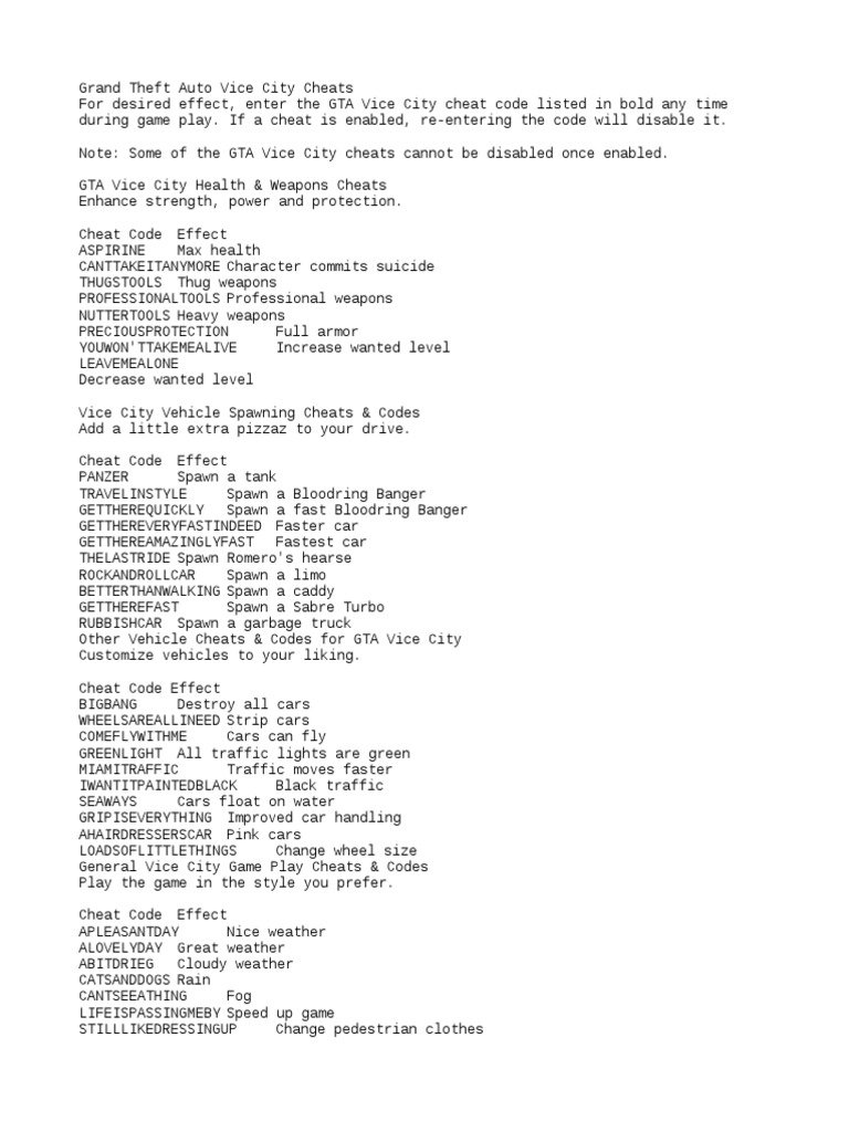 Grand Theft Auto Vice City Cheats