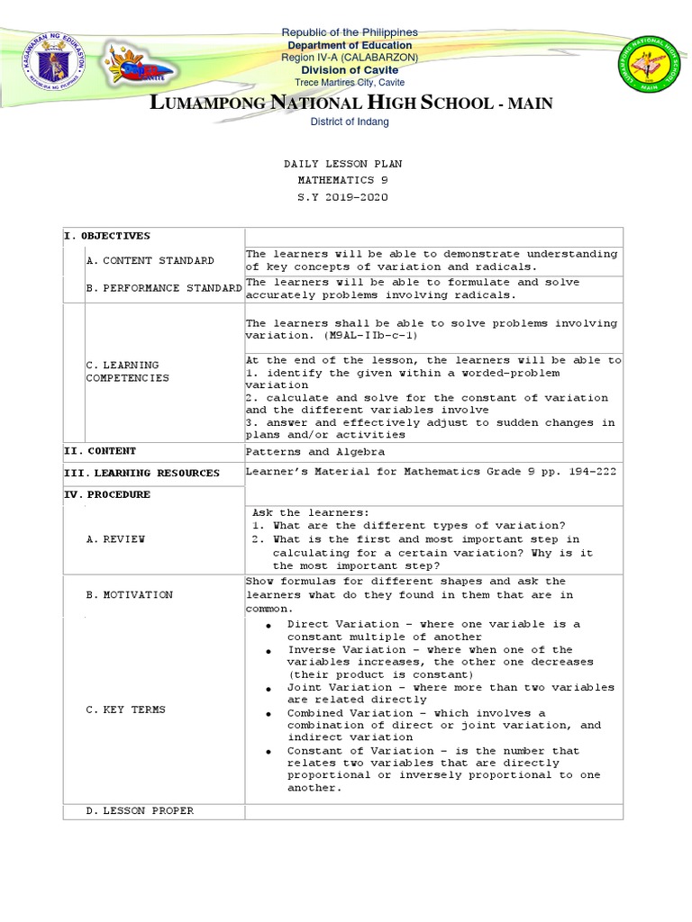 Grade 9 Combined Variation Lesson Plan | PDF | Variable (Mathematics ...