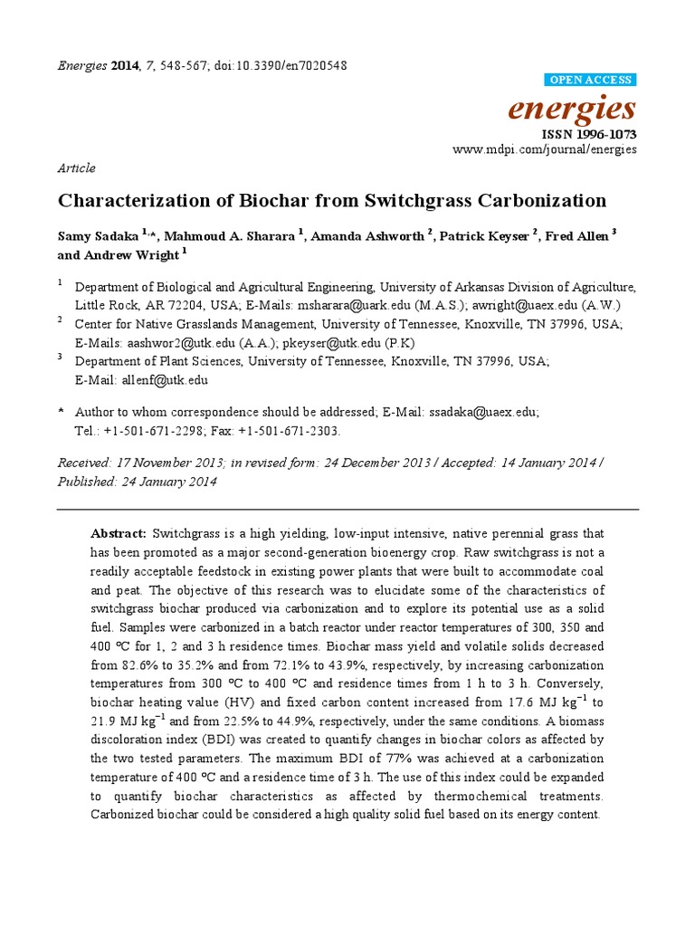 Energies: Characterization of Biochar From Switchgrass Carbonization ...