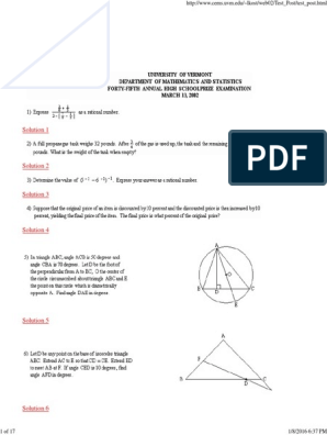 Vermont High School Prize Examination In Mathematics Circle Triangle