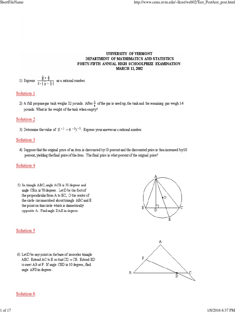 Vermont High School Prize Examination In Mathematics Circle Triangle