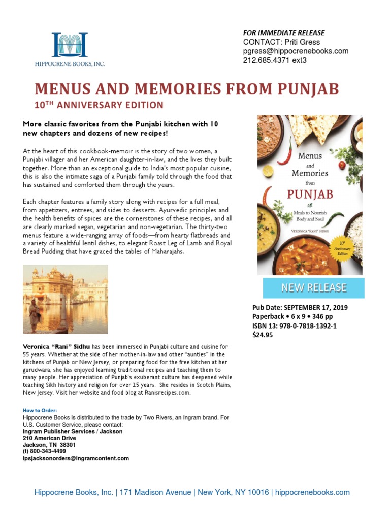 Menus & Memories From Punjab, 10th Anniversary Edition Press Release