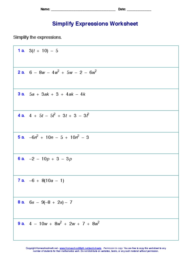 Simplify Expressions Worksheet | PDF | Teaching Methods & Materials