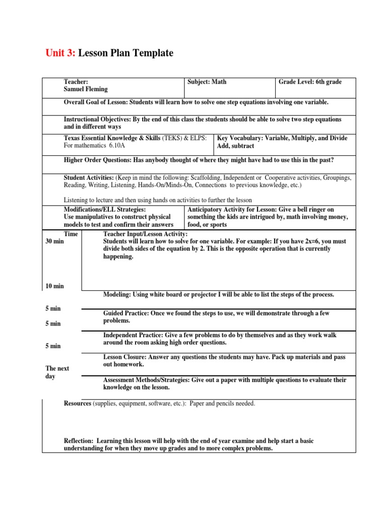 6th Grade Math Lesson Plan: One-Step Equations | PDF | Learning ...