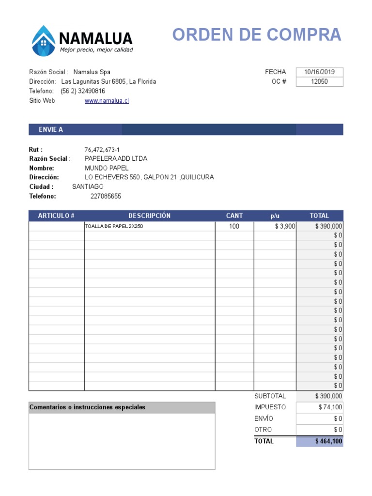 Ejemplo de Orden de Compra Completa | PDF