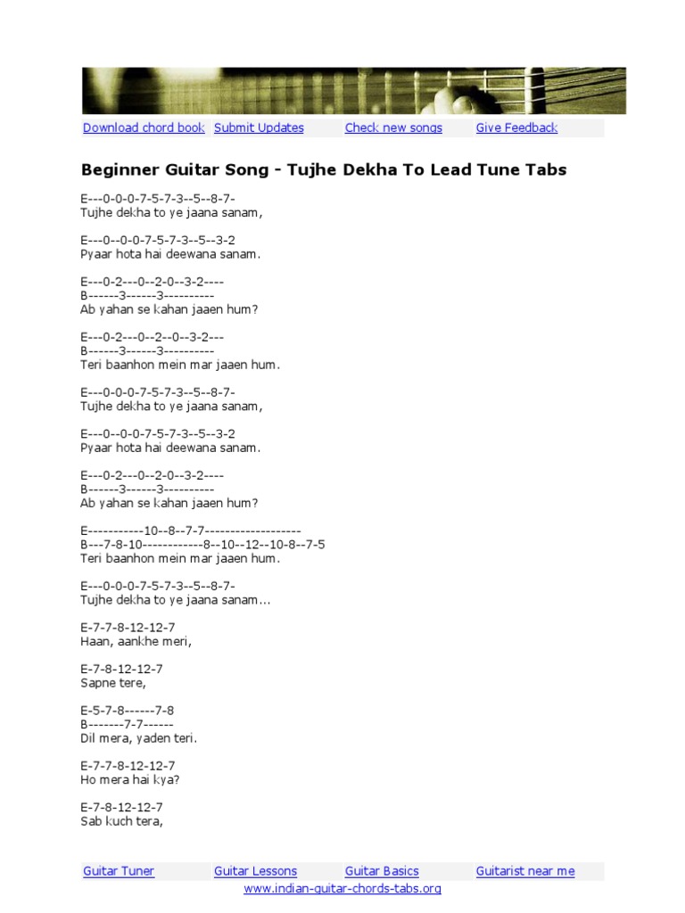 Beginner Song - Tujhe Dekha To Yeh Lead Tune Guitar Notes | PDF