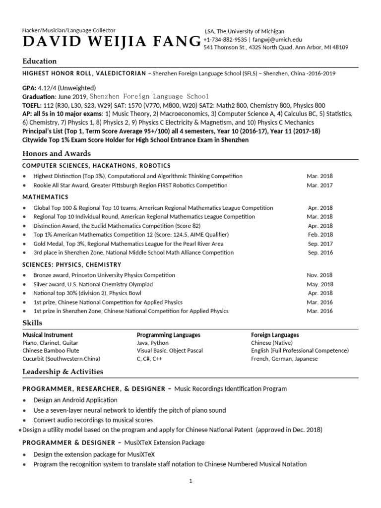 Weijia Fang Resume PDF Musical Notation China