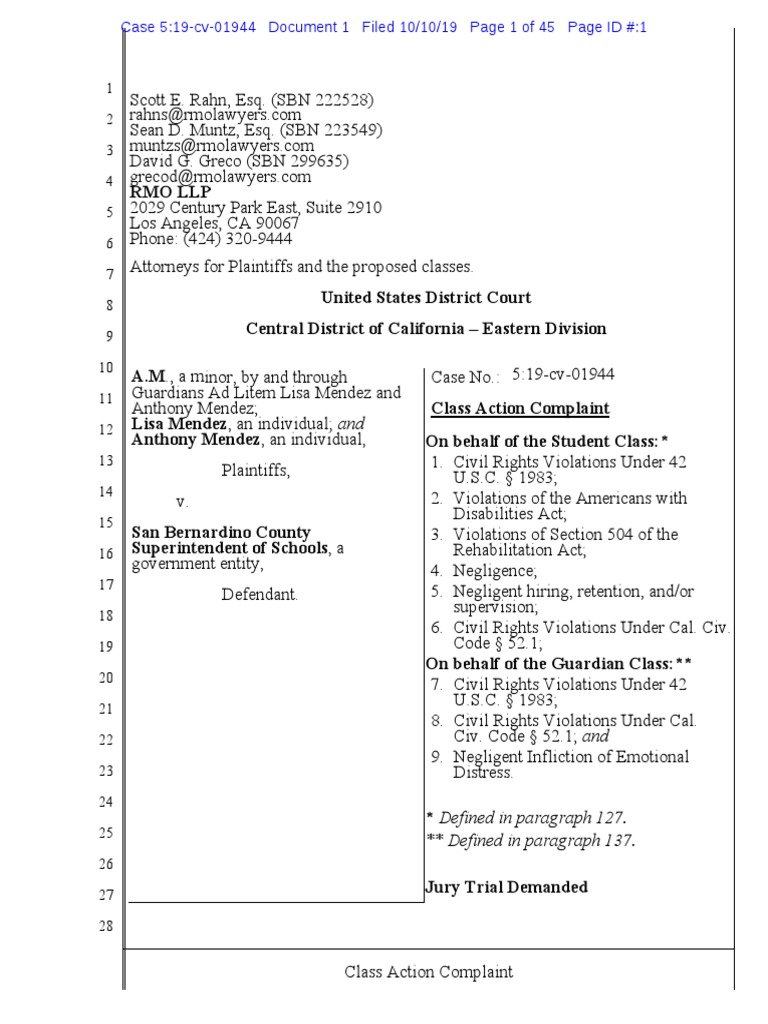 Class Action Complaint. A.M. Et Al. v. San Bernardino County ...