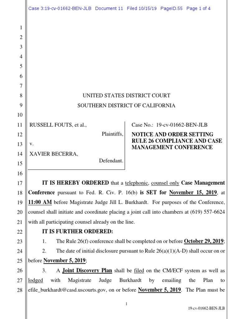 Fouts NOTICE and ORDER SETTING Rule 26th Compliance and Case Management Conference PDF