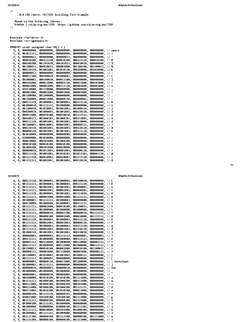 MAX7219 Scrolling Text Code Example | PDF | Computer Programming | Notation