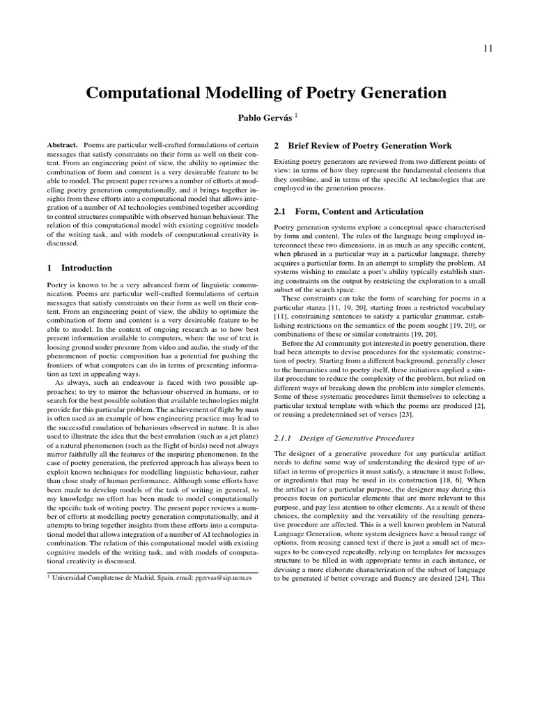 Computational Modelling of Poetry Generation | PDF | Poetry ...