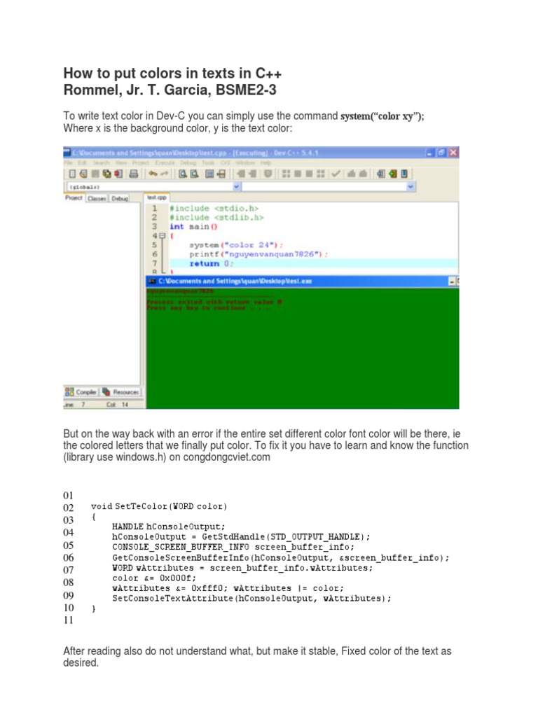 Change Text Color in C++ Guide | PDF