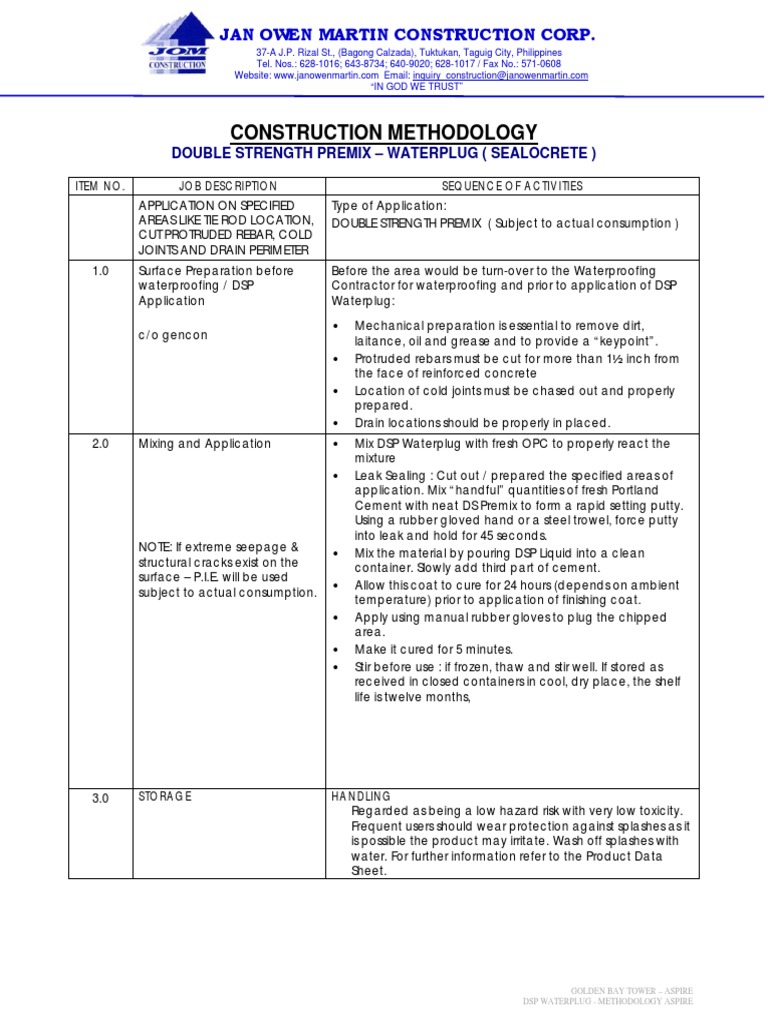 DSP Waterplug Application Methodology | PDF | Concrete | Building ...