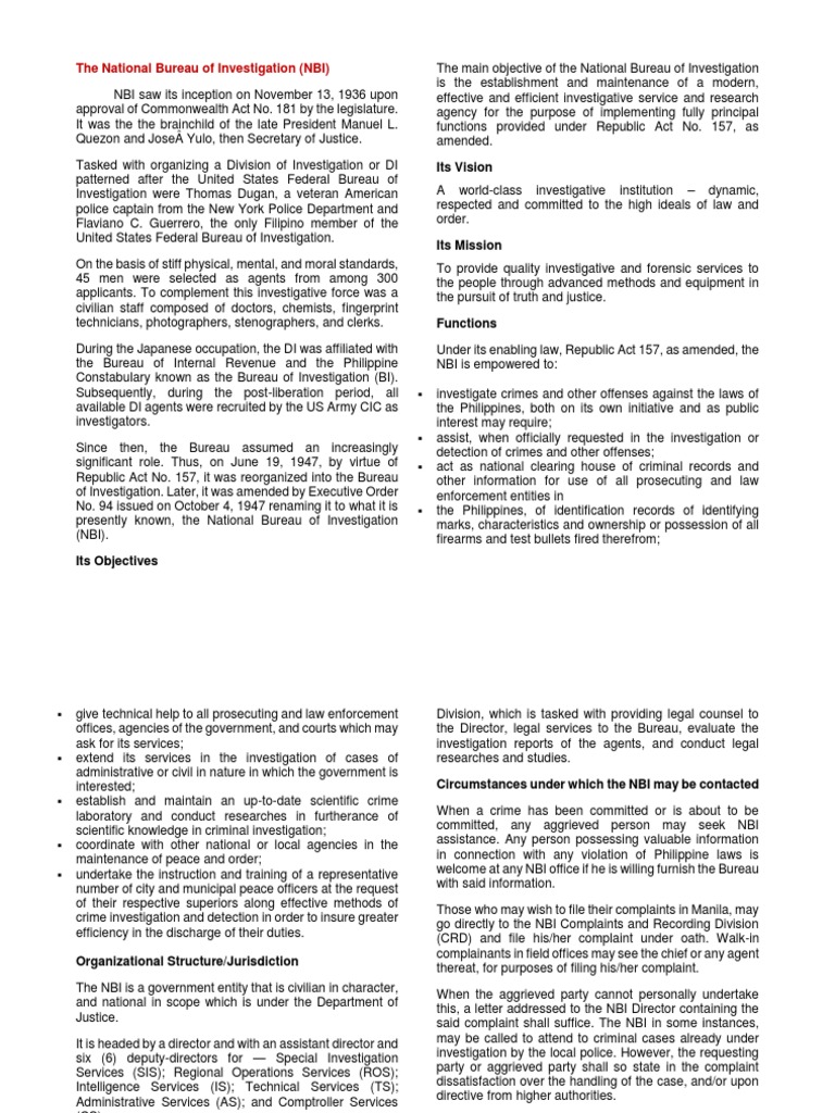 NBI's Role and Functions | PDF | Social Institutions | Social Science