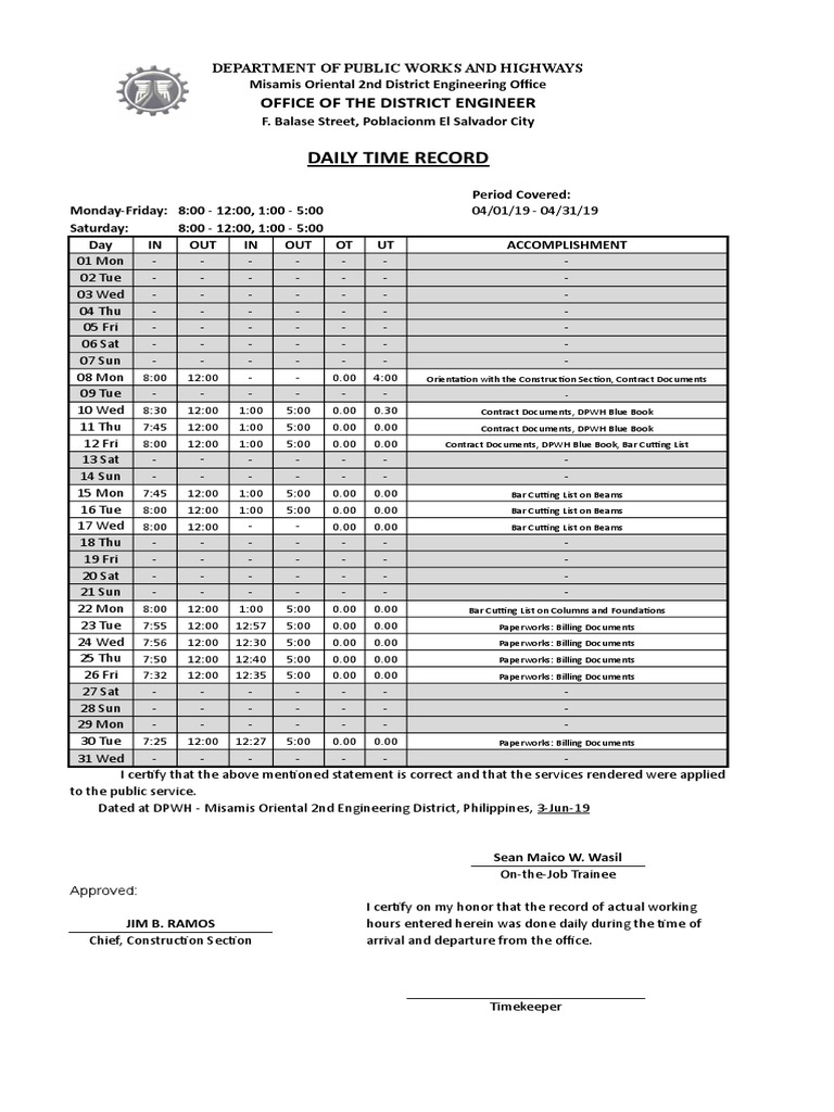 Daily time record office of the district engineer pdf economic